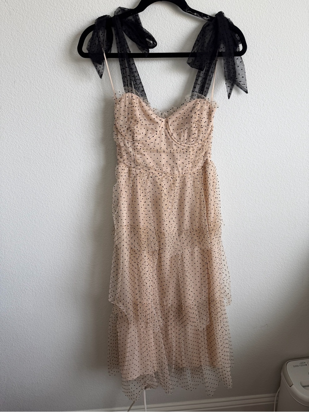 Vici Nude and Black Polka Dot Midi Dress with Tie Shoulders